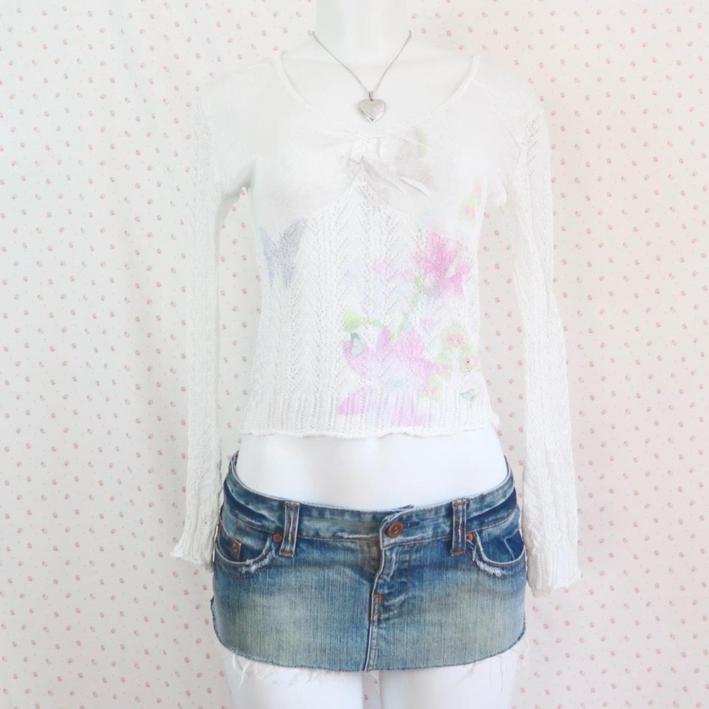vintage y2k white butterfly fairy pointelle knit top sheer milkmaid coquette
